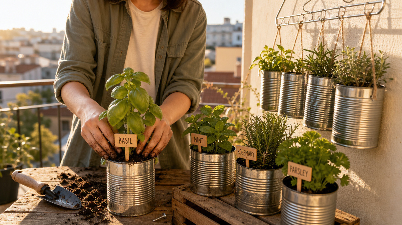 Pessoa a plantar ervas aromáticas em latas recicladas numa varanda ao entardecer.