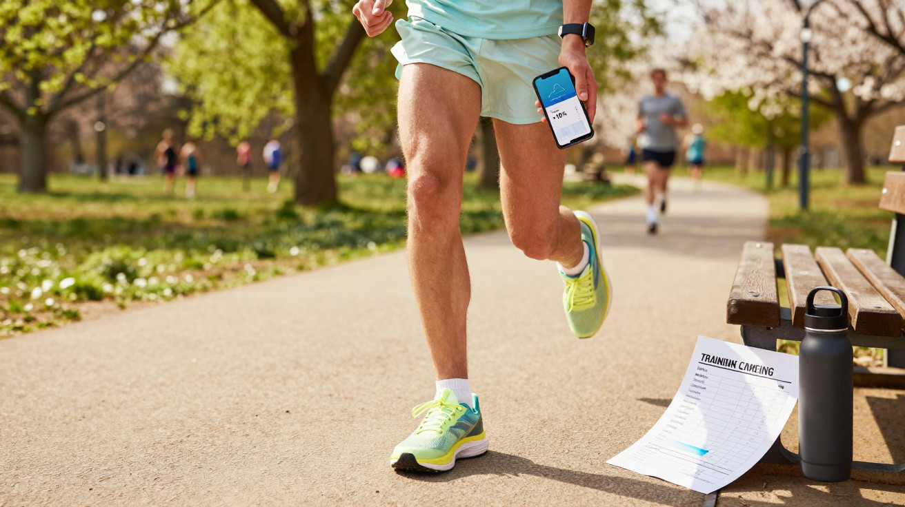 Pessoa a correr num parque com telemóvel na mão, perto de banco com garrafa e plano de treino.
