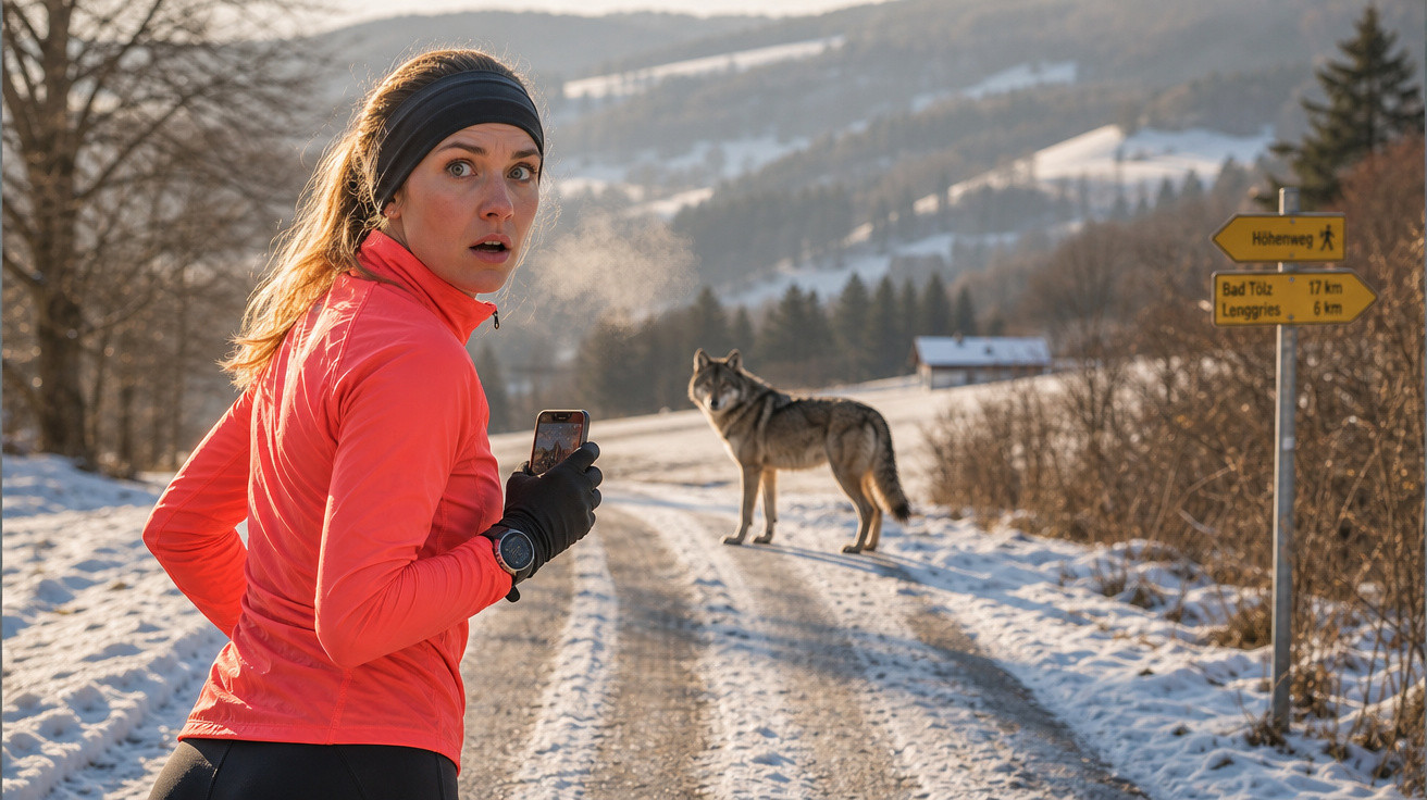 Mulher a correr na neve volta-se surpreendida ao ver um lobo numa trilha em zona montanhosa no inverno.