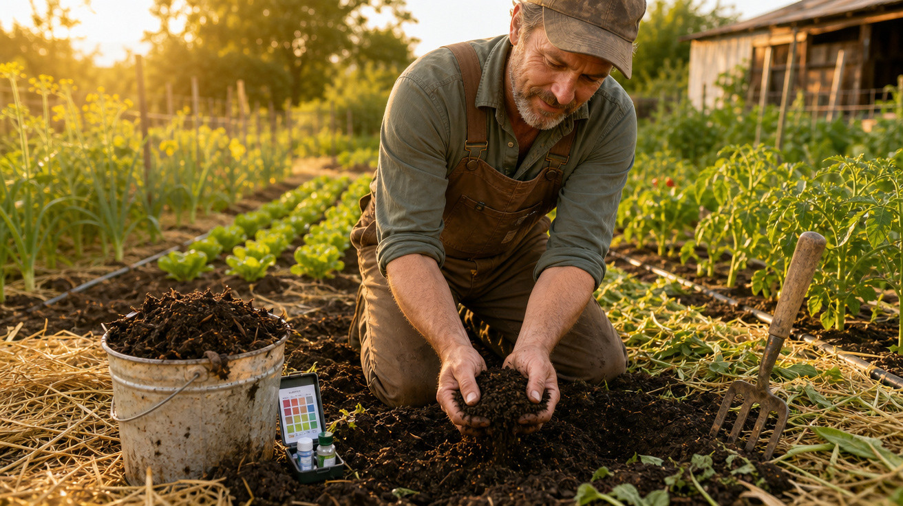 Homem com roupa de jardinagem analisa terra num cultivo com plantas em fileiras ao pôr do sol.