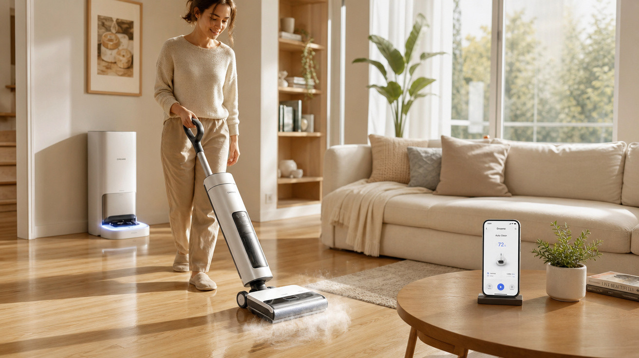 Mulher a aspirar chão de madeira numa sala com sofá, plantas e aspirador automático ao fundo.