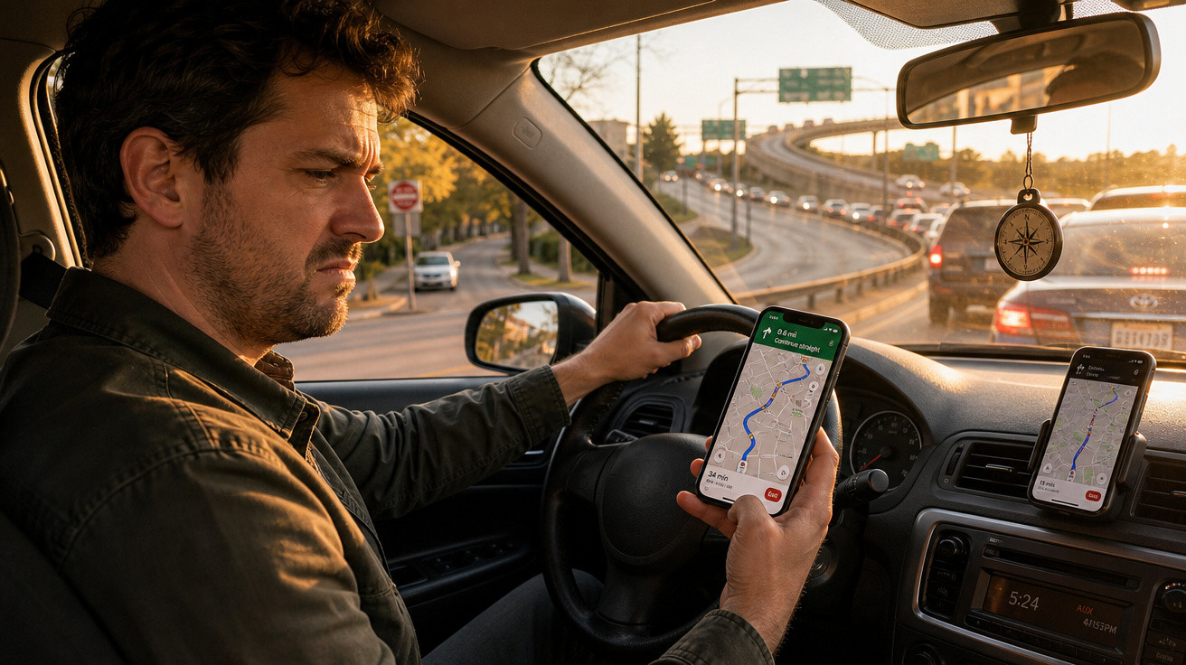 Homem de expressão preocupada a usar telemóvel com aplicação de GPS enquanto conduz num carro no trânsito ao entardecer.