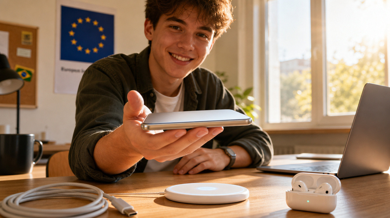 Jovem sorridente a carregar um smartphone num carregador sem fios, sentado numa mesa com laptop e auriculares.
