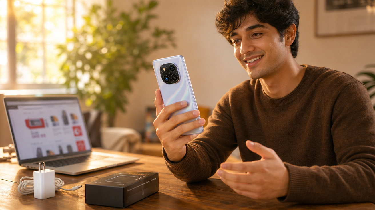 Jovem sorridente a segurar um smartphone, com computador e carregador sobre mesa de madeira.