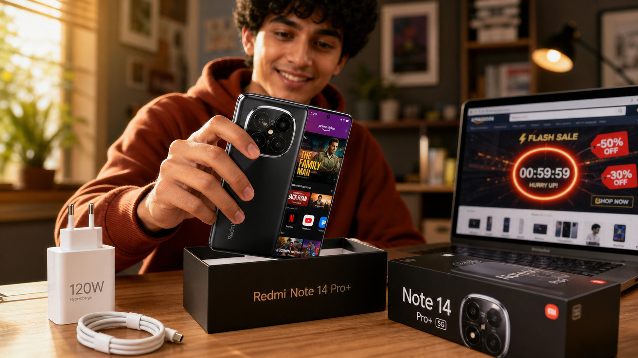 Homem a retirar novo smartphone Redmi Note 14 Pro+ da caixa, com carregador e computador portátil ao fundo.