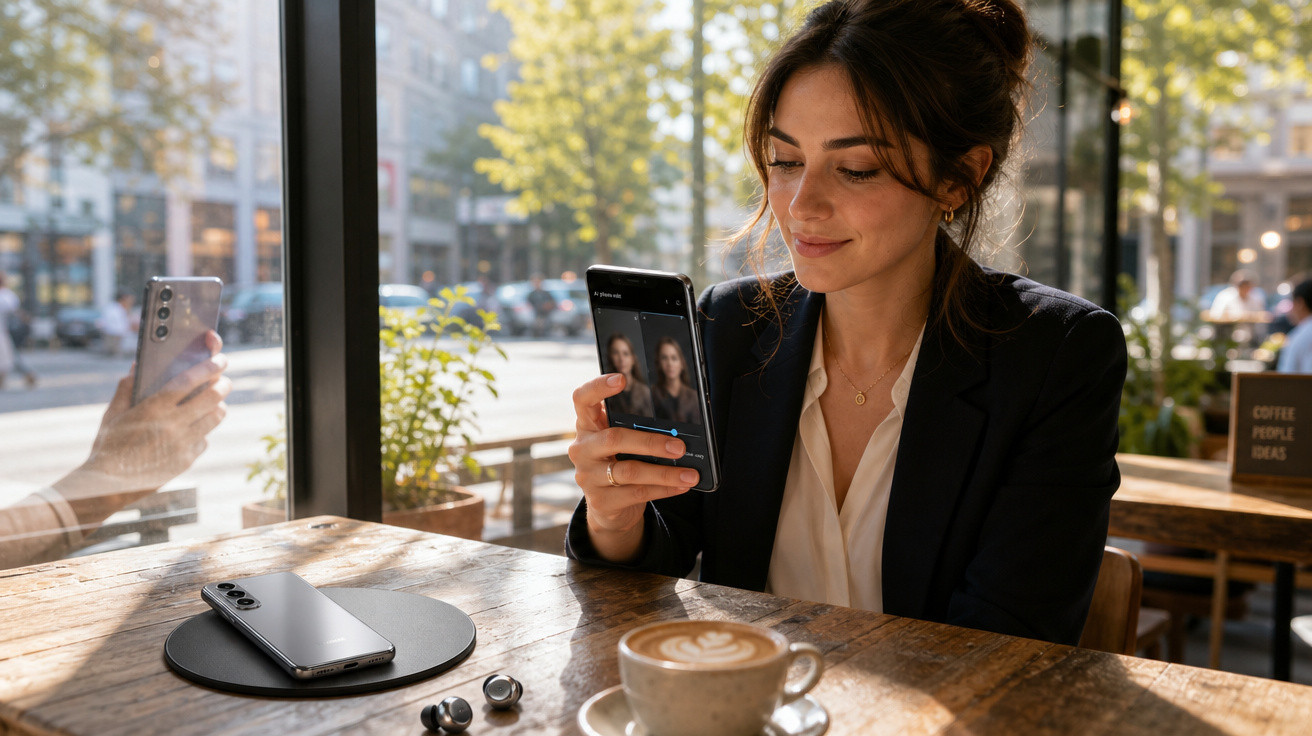 Mulher sentada num café com smartphone, auscultadores e café sobre a mesa de madeira.