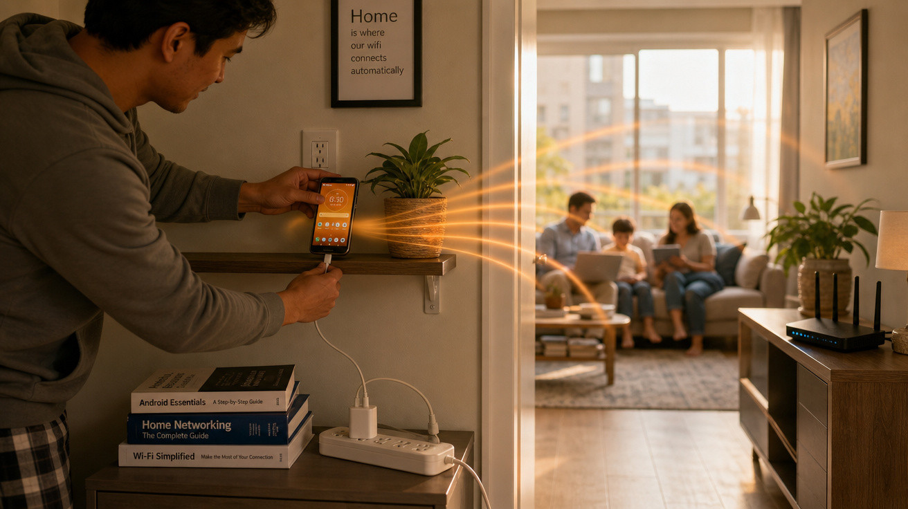 Homem configura smartphone ligado a carregador e sinal Wi-Fi conecta família numa sala luminosa.