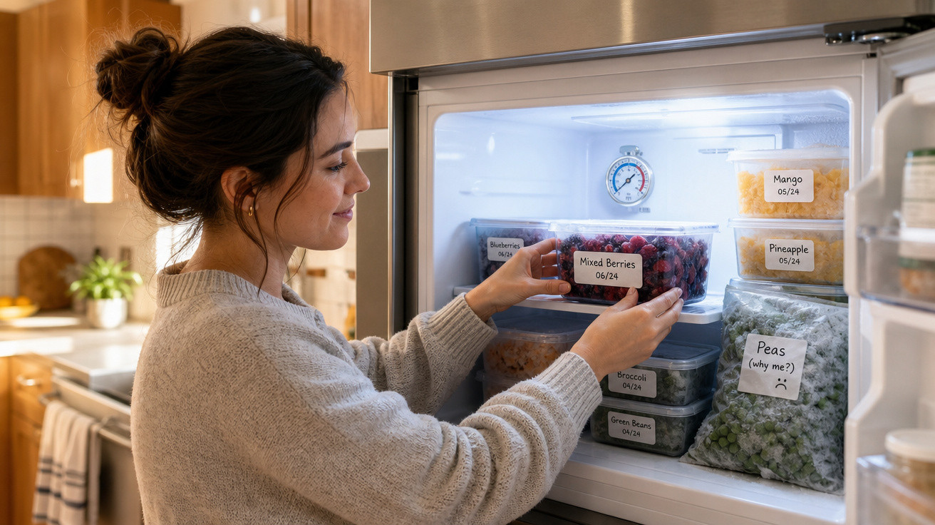 Mulher a colocar recipiente com frutos vermelhos congelados no congelador doméstico organizado.