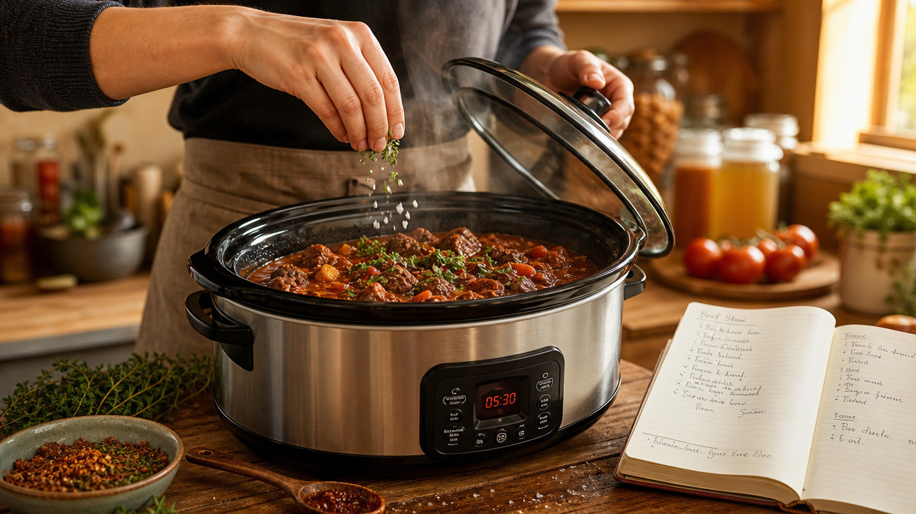 Pessoa a temperar estufado na panela elétrica numa cozinha rústica com livro de receitas aberto ao lado.