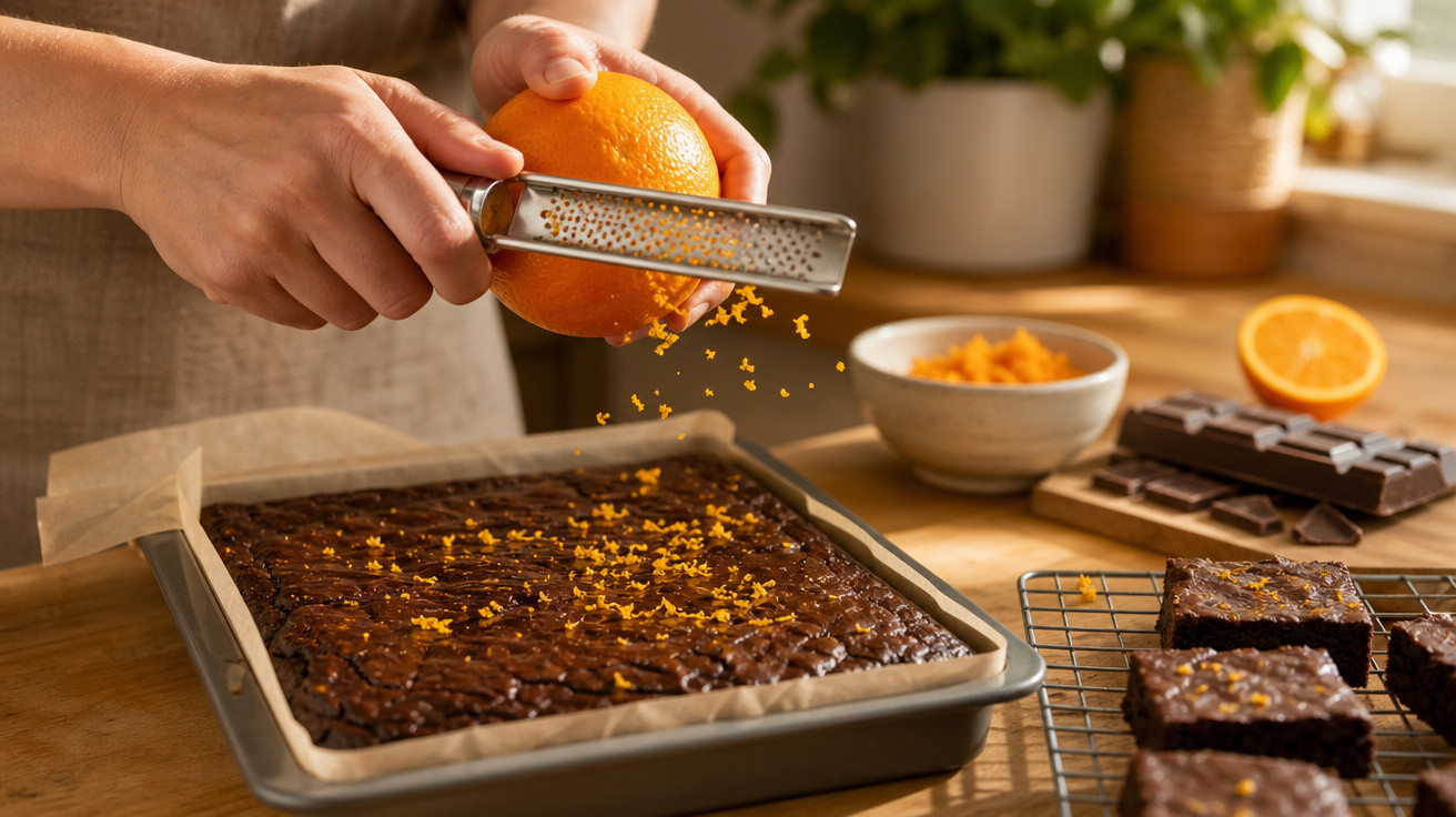 Pessoa rala casca de laranja para decorar brownies de chocolate numa forma e num tabuleiro de arrefecimento.