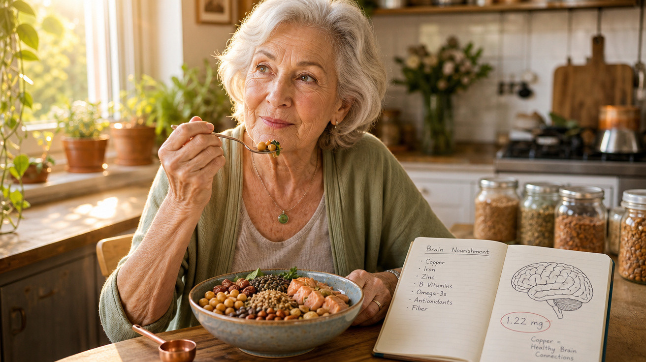 Mulher idosa a comer uma tigela de alimentos saudáveis na cozinha, com caderno sobre alimentação cerebral aberto.