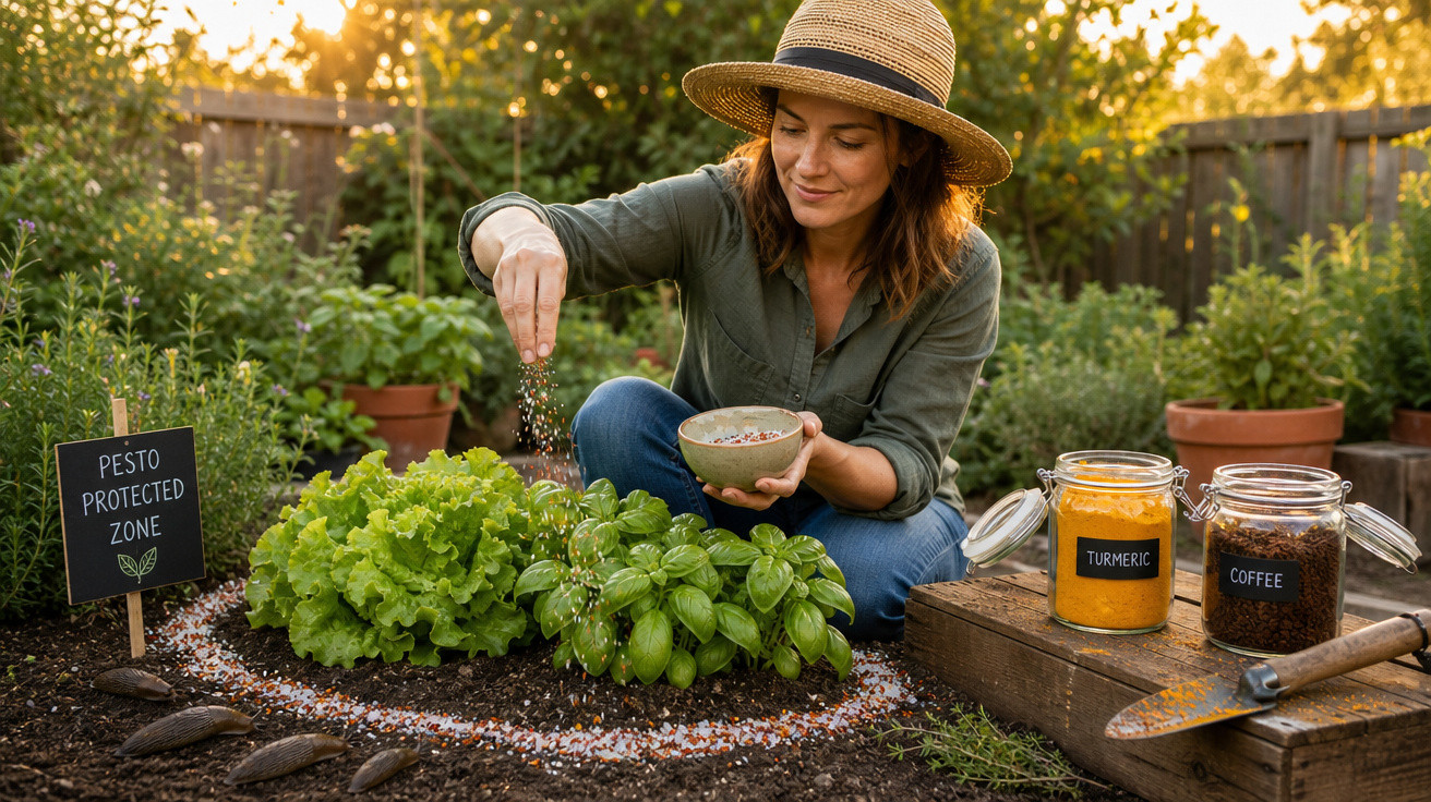 Mulher a temperar planta de manjericão no jardim com recipiente, ao lado de frascos de açafrão e café.