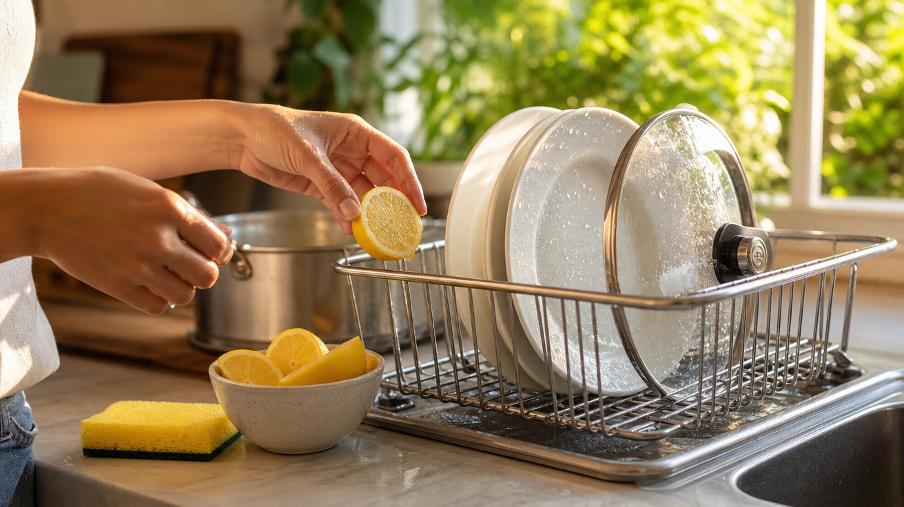 Mãos a esfregar limão num tabuleiro metálico com pratos e tampas de panela secando numa cozinha iluminada.