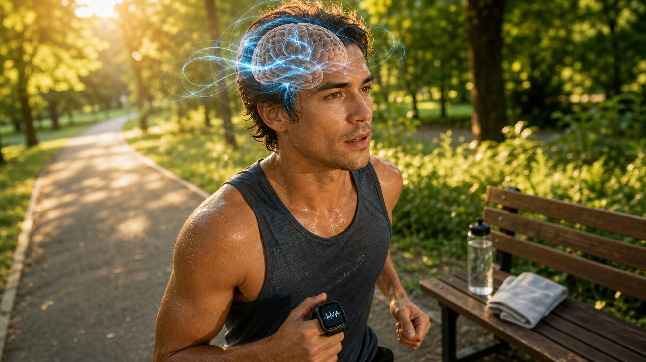 Homem a correr num parque com um gráfico digital do cérebro iluminado simbolizando atividade mental.