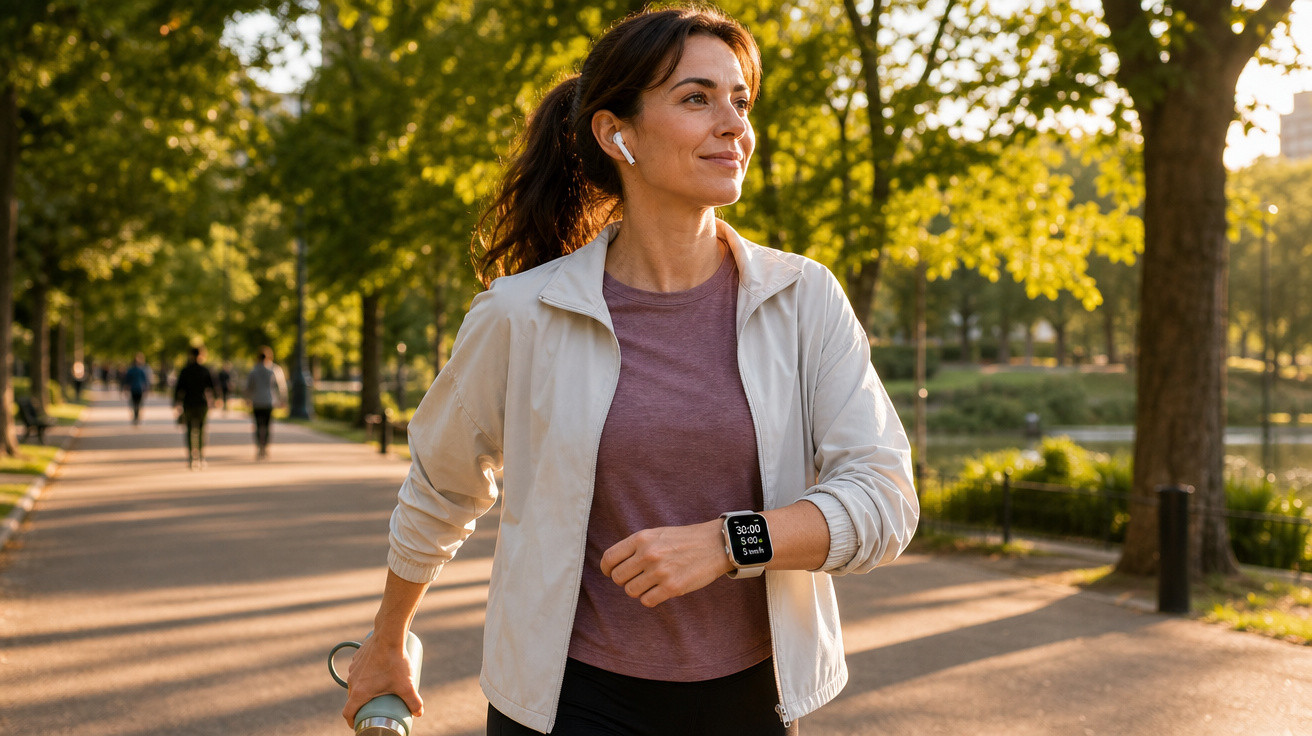 Mulher a fazer jogging num parque ao pôr do sol, com auriculares e relógio inteligente no pulso.