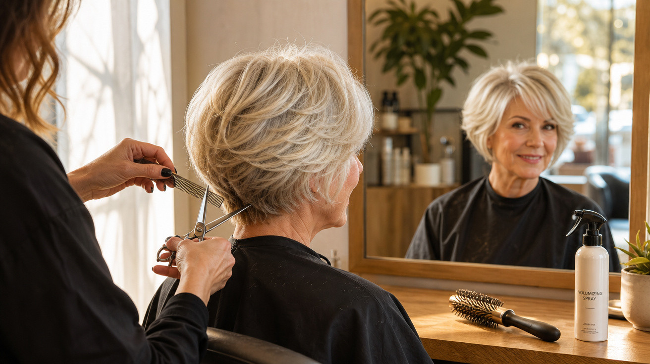 Mulher idosa a cortar o cabelo curto num salão de beleza, olhando-se ao espelho com sorriso.