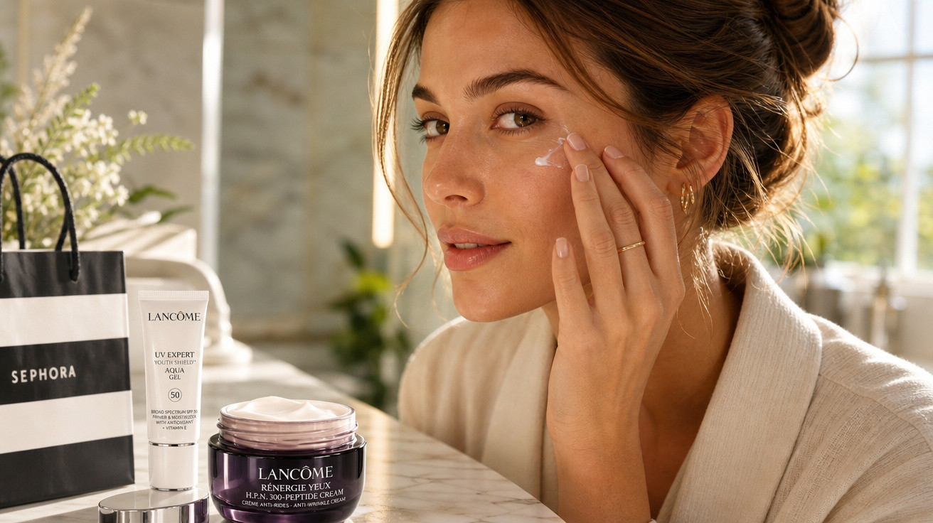Mulher aplica creme facial Lancôme num ambiente luminoso, com produtos Lancôme e saco Sephora sobre bancada.