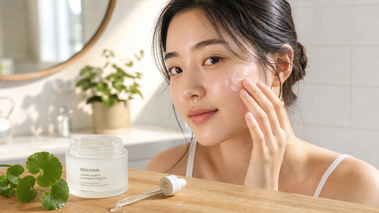 Mulher a aplicar creme hidratante no rosto, com frasco de gel e plantas numa mesa de madeira.