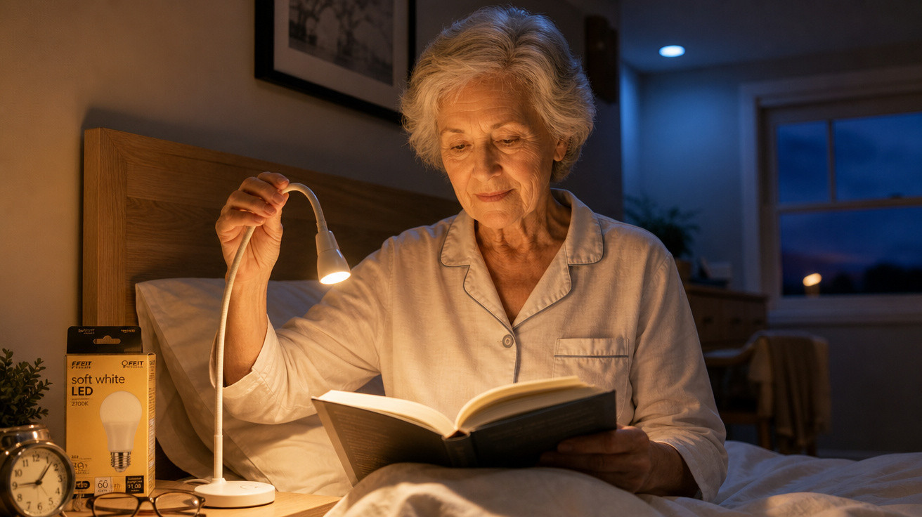 Senhora idosa em pijama lê livro na cama iluminada por candeeiro LED branco suave à noite.