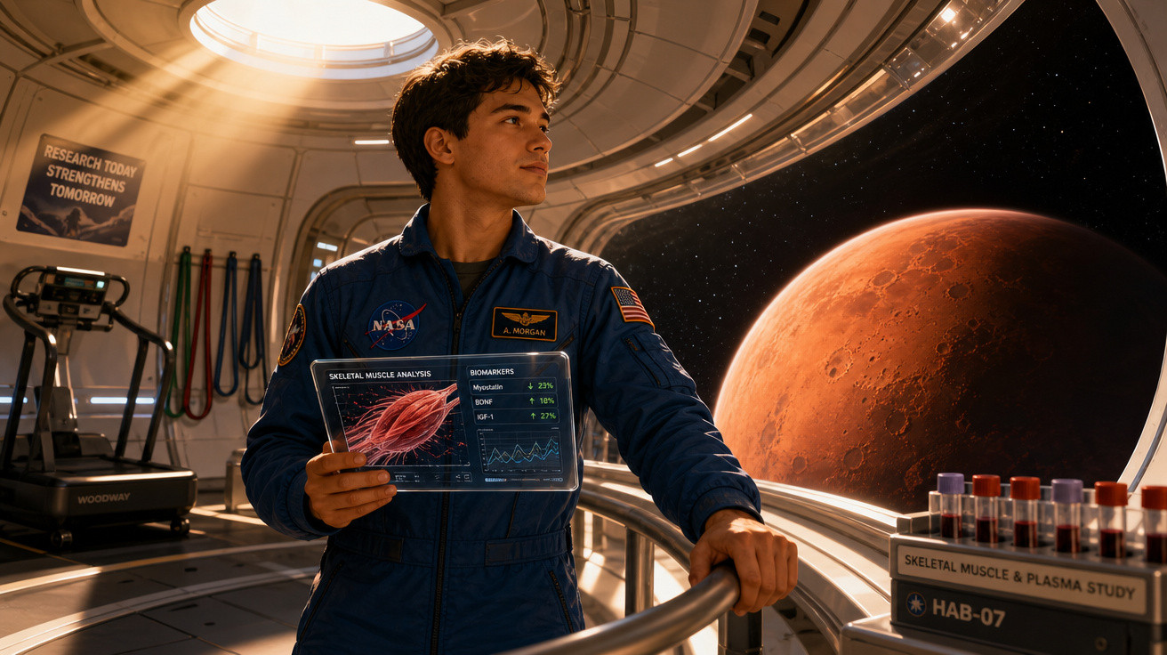 Astronauta em traje azul observa planeta vermelho através da janela de uma estação espacial futurista.