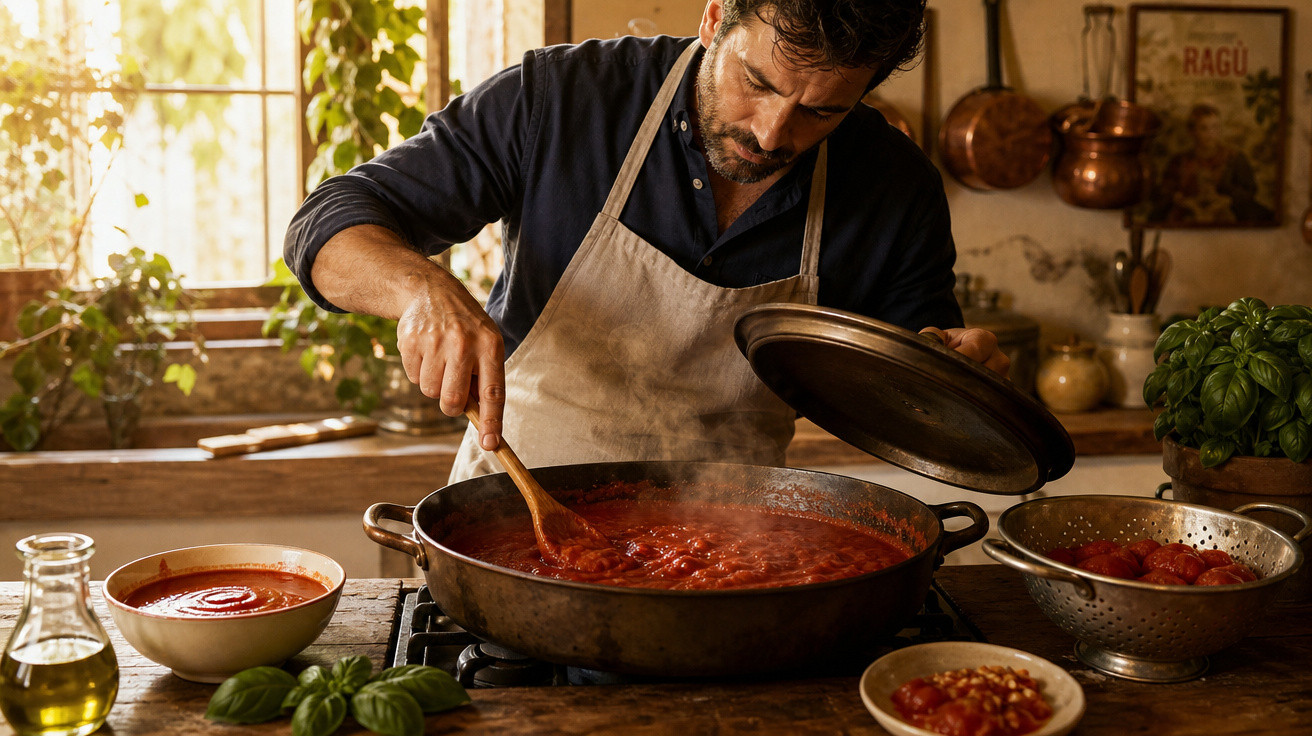 Homem a mexer molho de tomate quente numa panela grande numa cozinha rústica iluminada.