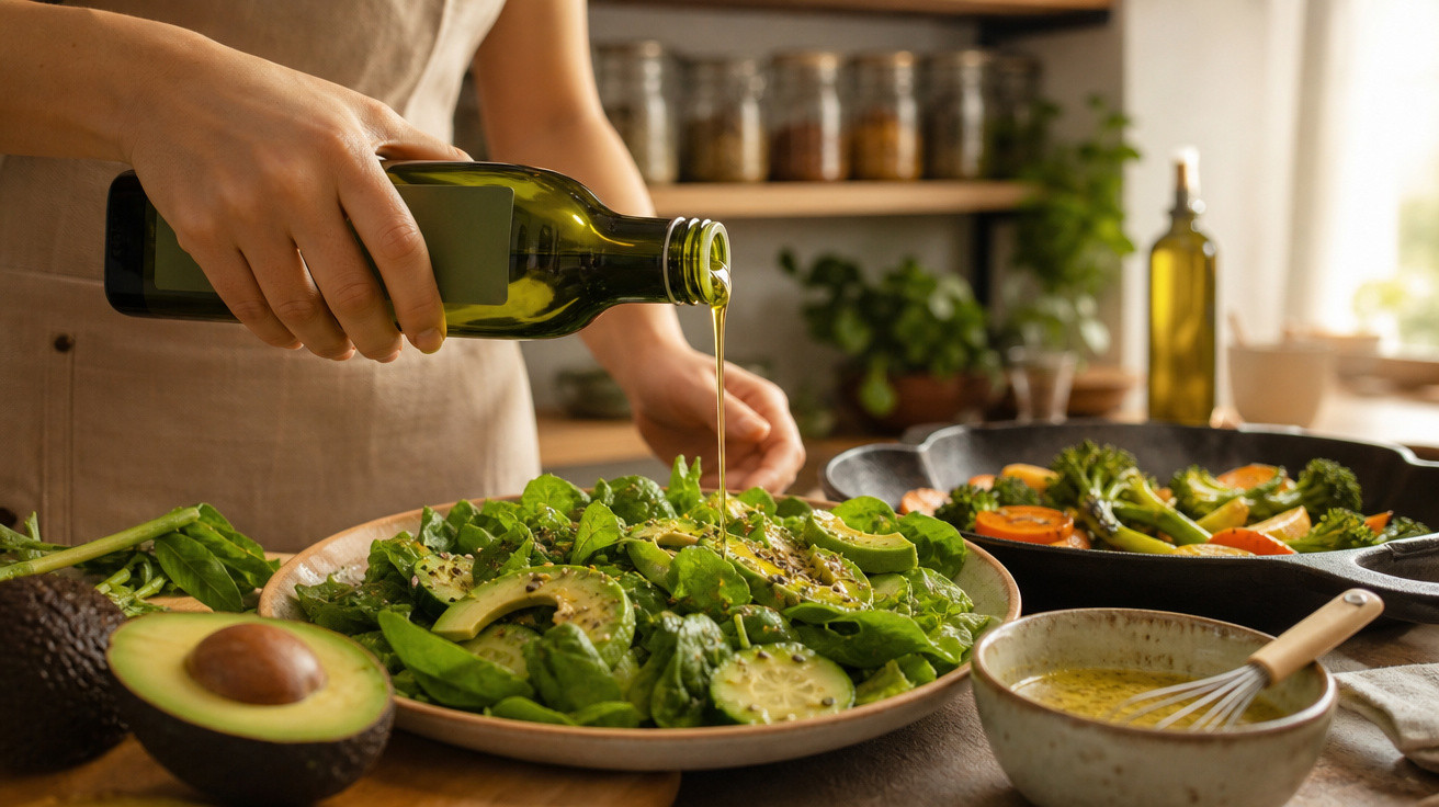 Pessoa a deitar azeite numa salada de abacate, pepino e folhas verdes na cozinha iluminada.