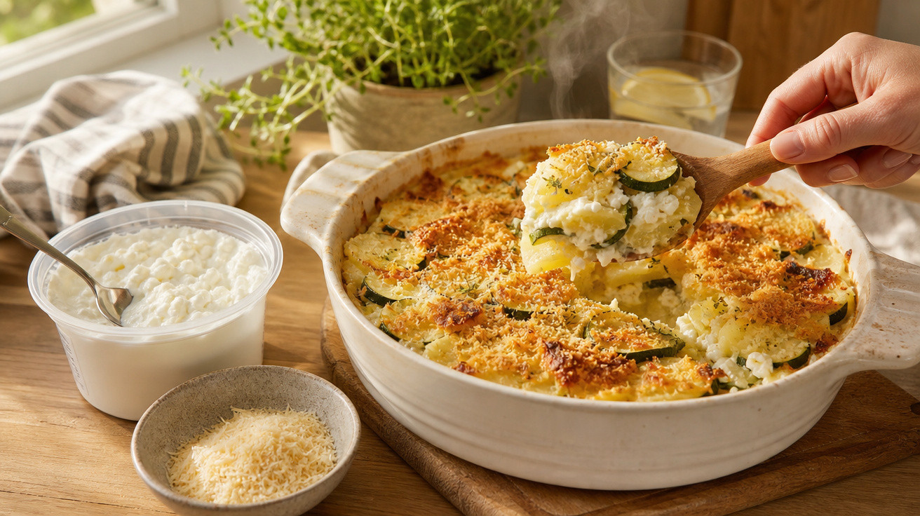 Gratinado de legumes cremoso a ser servido com colher de pau, com queijo ralado e natas ao lado.