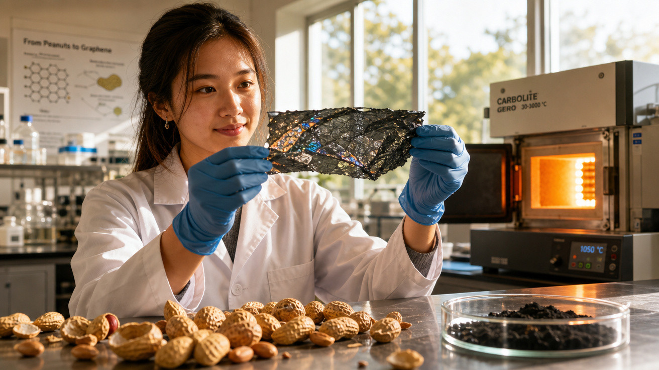 Cientista numa laboratório a estudar uma amostra negra translúcida, com amendoins sobre a mesa.