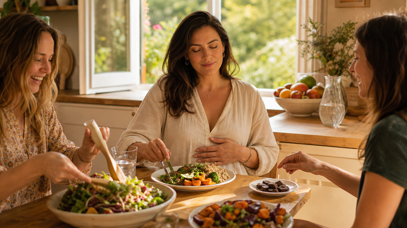 Três mulheres a partilhar uma refeição saudável numa cozinha luminosa e acolhedora.