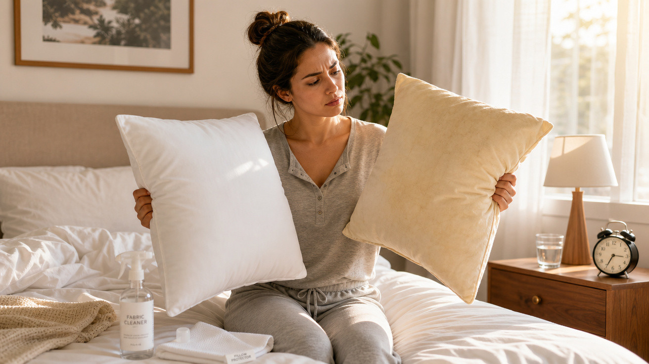 Mulher sentada na cama a comparar duas almofadas, com expressão pensativa, em quarto iluminado.