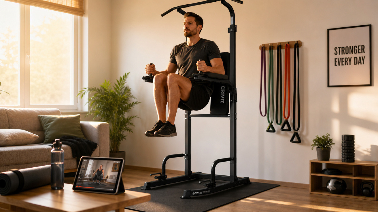 Homem a fazer exercício de elevação de pernas numa barra de treino em casa, com tablet e equipamento de fitness visíveis.