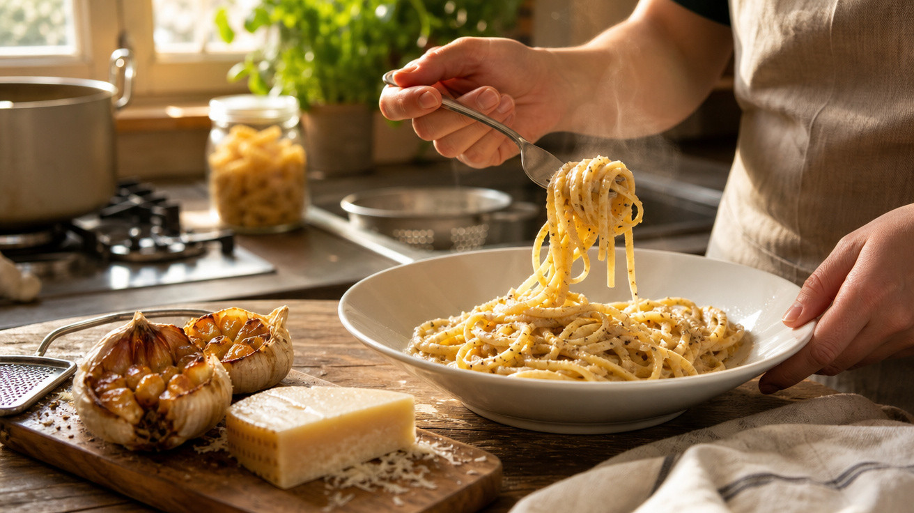 Pessoa a segurar um prato de esparguete cacio e pepe, com queijo e alho assado numa cozinha iluminada.