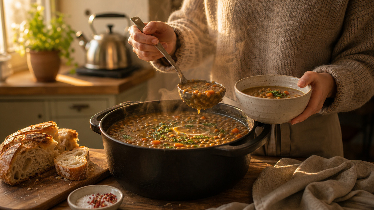 Pessoa a servir sopa de lentilhas quente numa tigela, com pão rústico ao lado numa cozinha acolhedora.