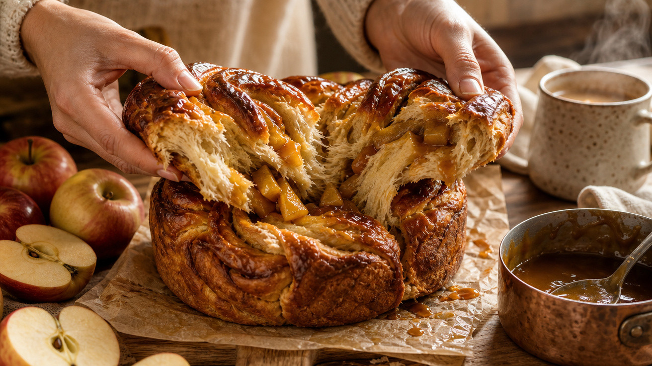 Pessoa a partir um pão doce recheado com pedaços de maçã e caramelo, rodeado de maçãs e molhos.