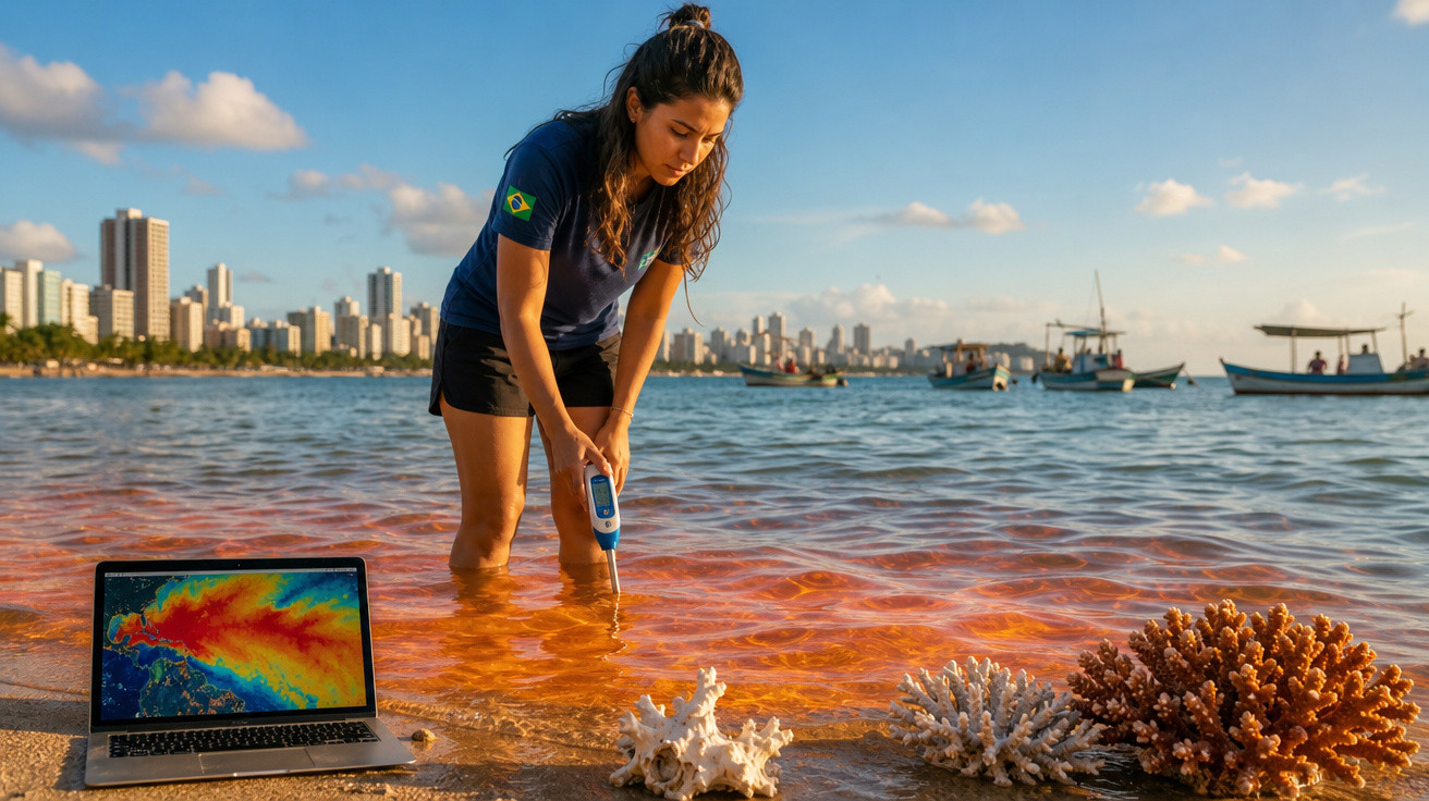 Mulher em roupa casual mede poluição em água laranja junto a corais, com cidade e barcos ao fundo.