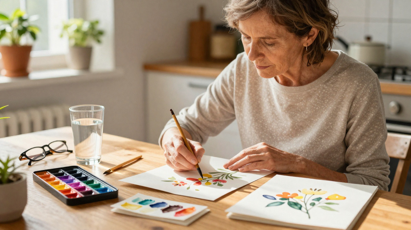 Mulher pintando flores com aguarela numa cozinha iluminada, com copo de água e óculos na mesa.