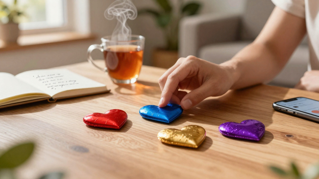 Mão a tocar coração de chocolate azul em mesa com chá, caderno aberto e telemóvel.