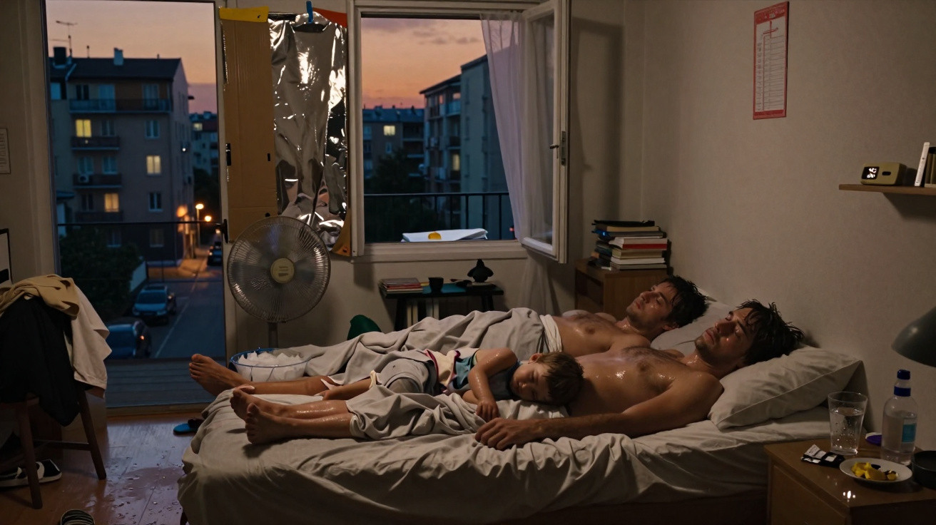 Três pessoas adormecidas numa cama num quarto modesto com janela aberta ao pôr do sol.