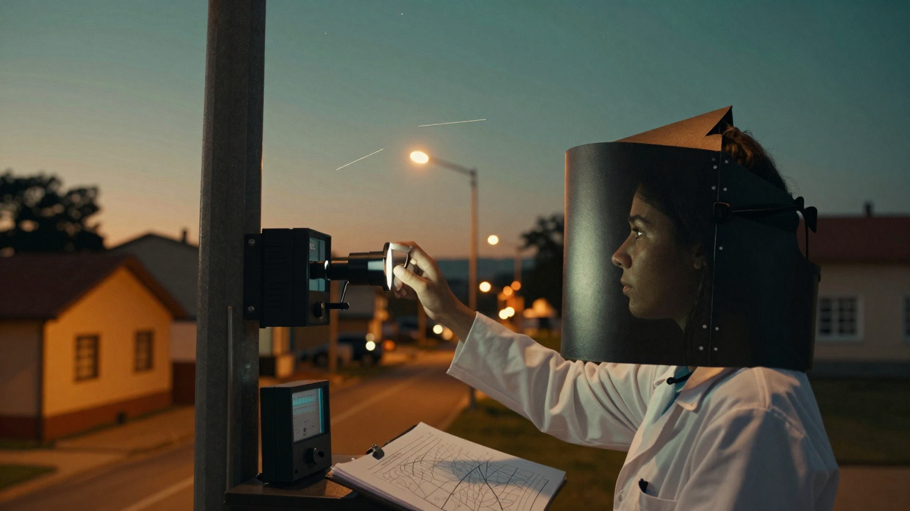 Pessoa com viseira a operar equipamento de medição em poste, com mapa numa prancheta ao anoitecer.