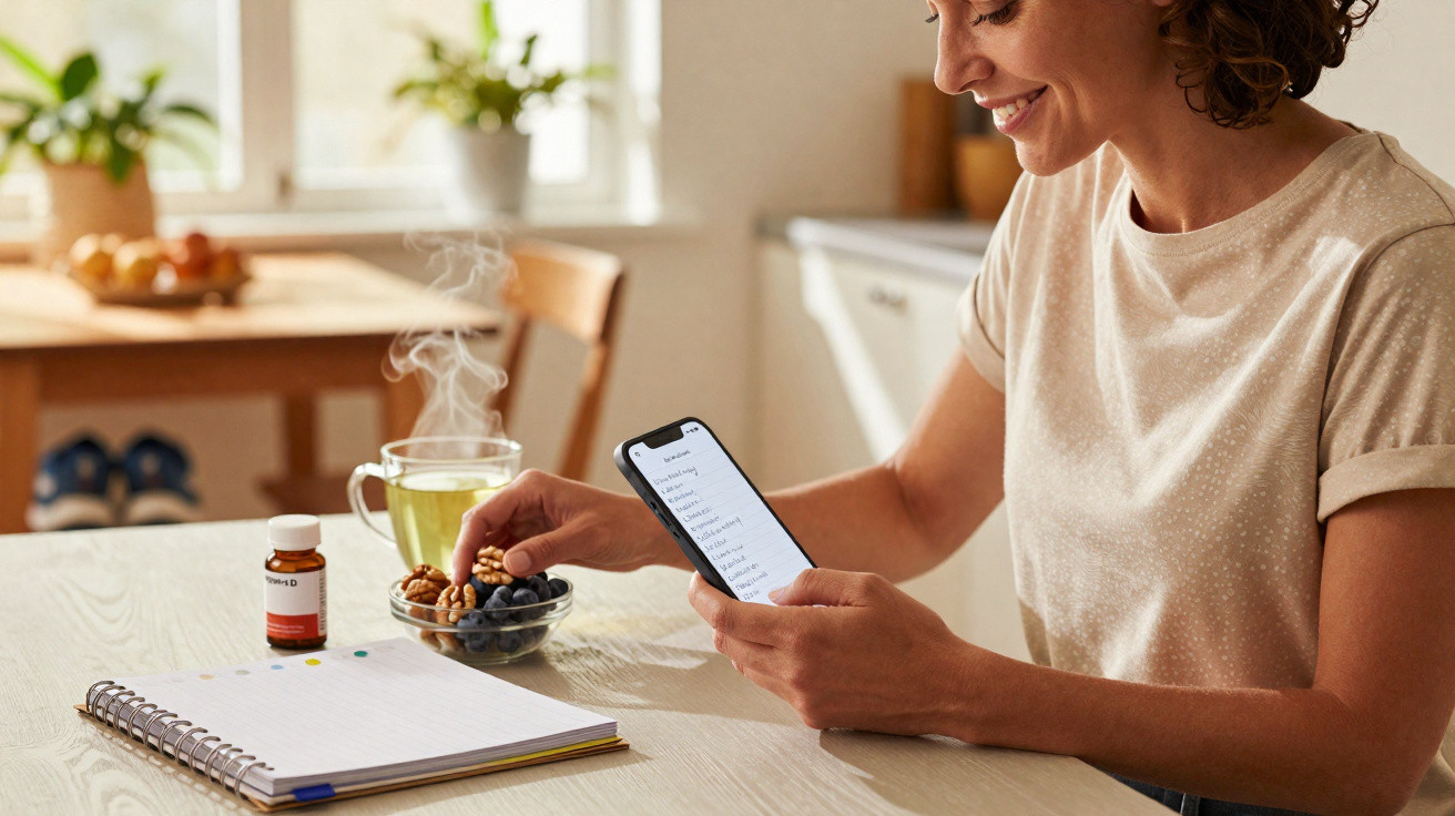 Mulher sorridente a comer frutos secos e mirtilos, segurando telemóvel e com chá numa mesa com bloco de notas.