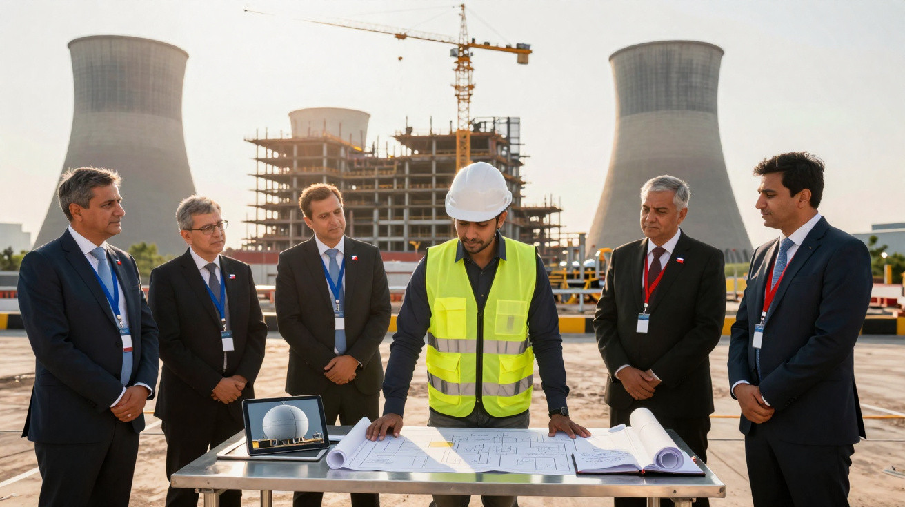 Engenheiro com colete e capacete apresenta planos a cinco homens de fato em obra de central nuclear em construção.