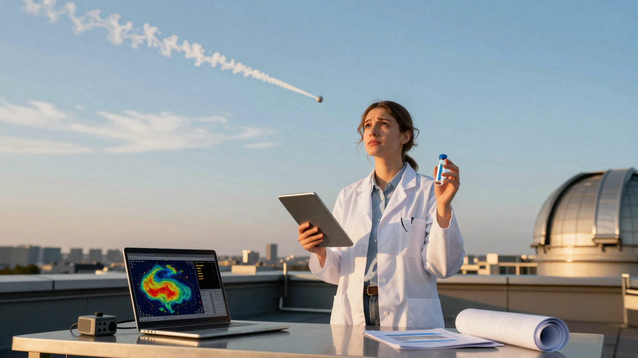 Mulher cientista em bata branca observa céu com projeto de geociência, segurando tablet e frasco azul no telhado.