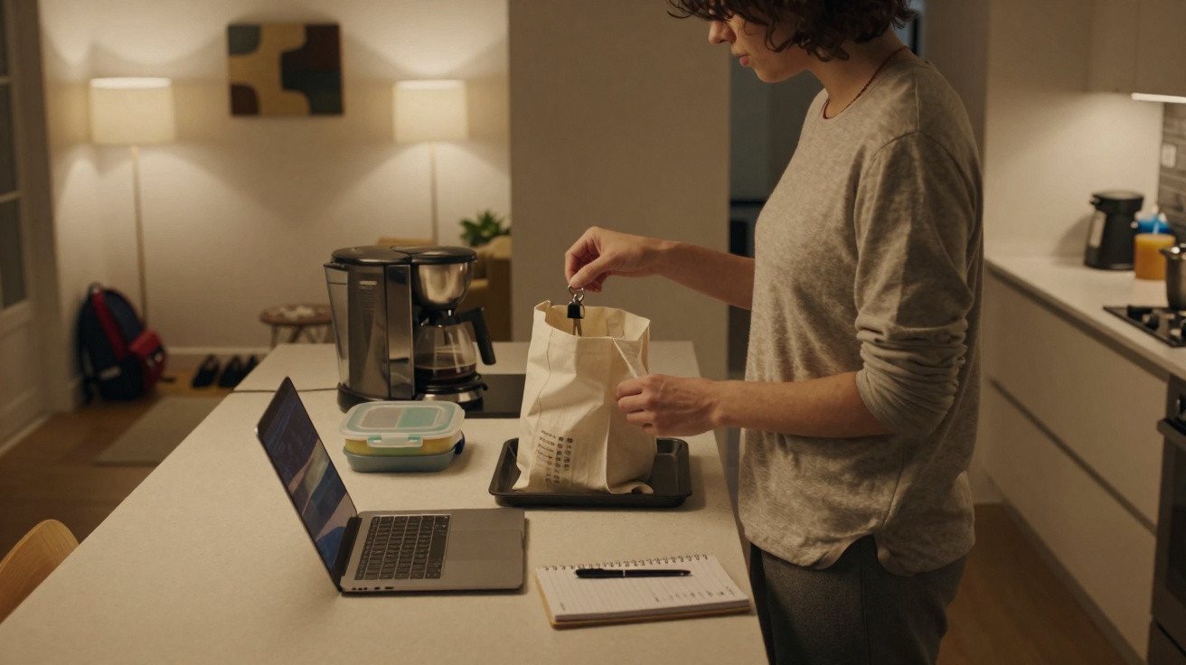 Pessoa a preparar almoço numa cozinha moderna, com computador, caderno e cafeteira na bancada.