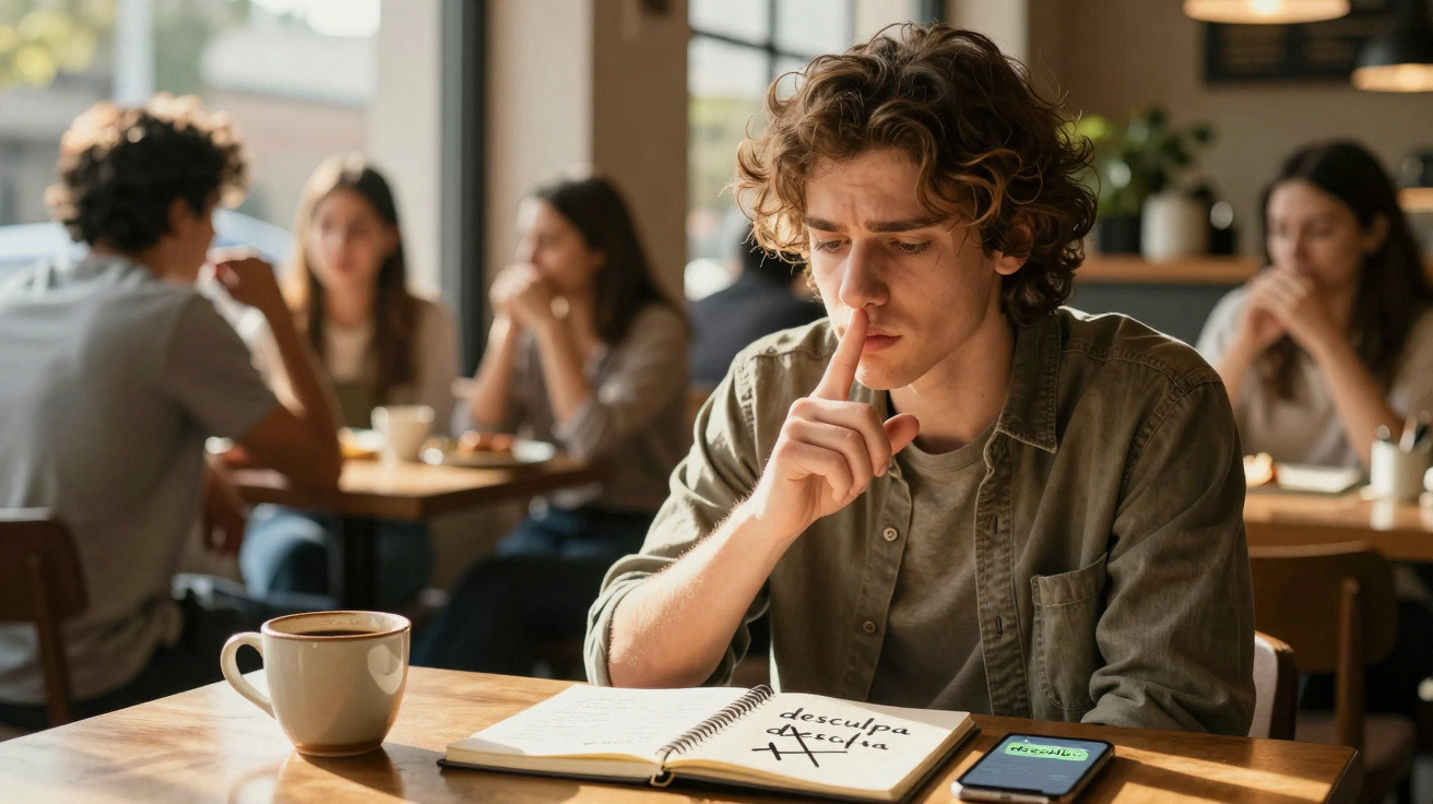 Jovem sentado num café com expressão pensativa, lendo livro aberto com mensagem "desculpa Açúcar" e telefone.