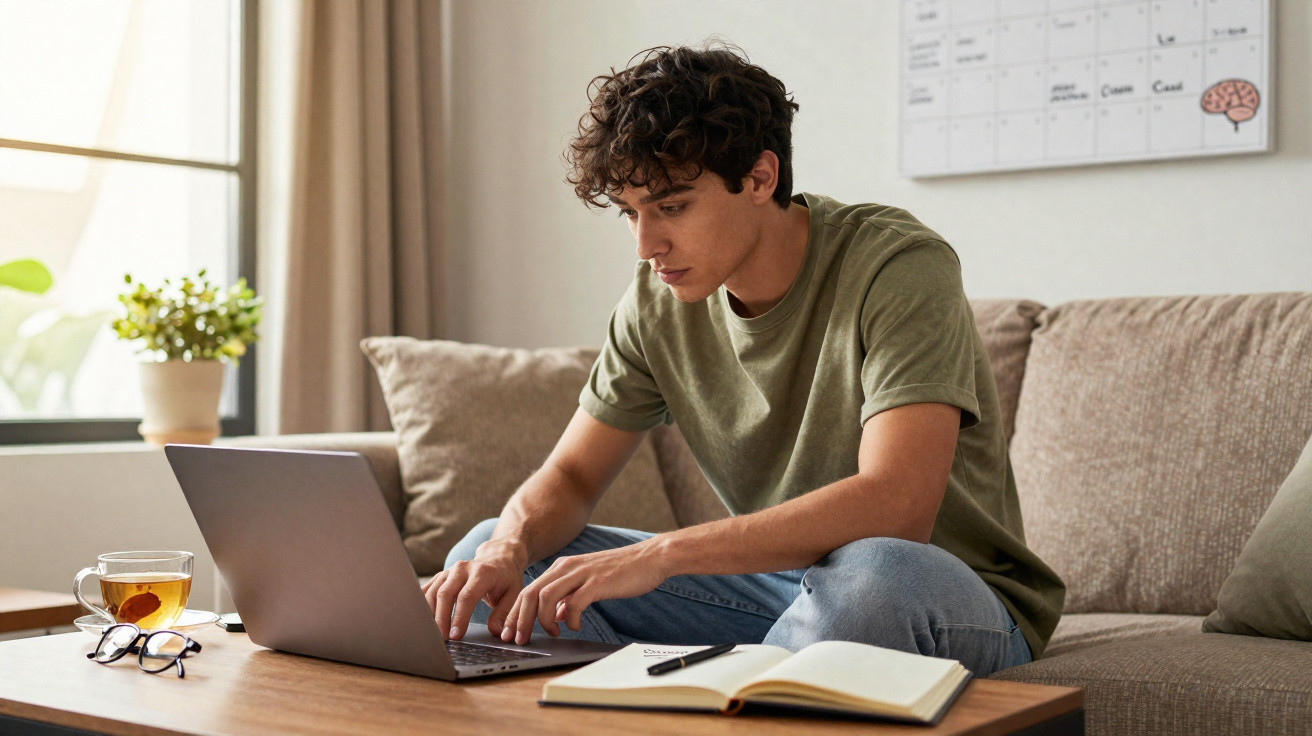 Jovem sentado no sofá a trabalhar no portátil com caderno aberto e chá na mesa à frente.