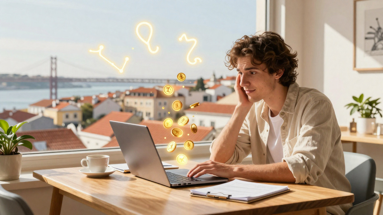 Jovem preocupado a trabalhar num computador portátil com moedas digitais a flutuar numa sala com vista para a cidade.
