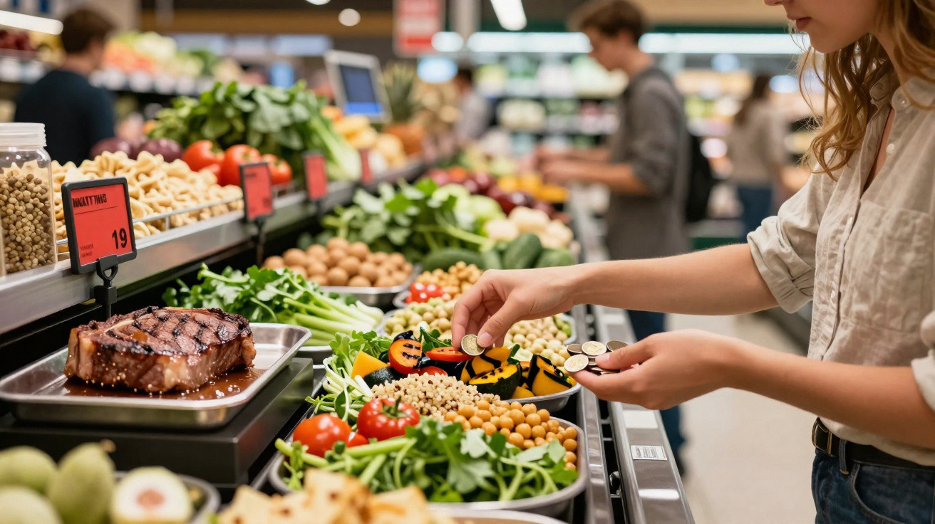 Pessoa a escolher legumes e legumes num supermercado com vários alimentos frescos ao redor.