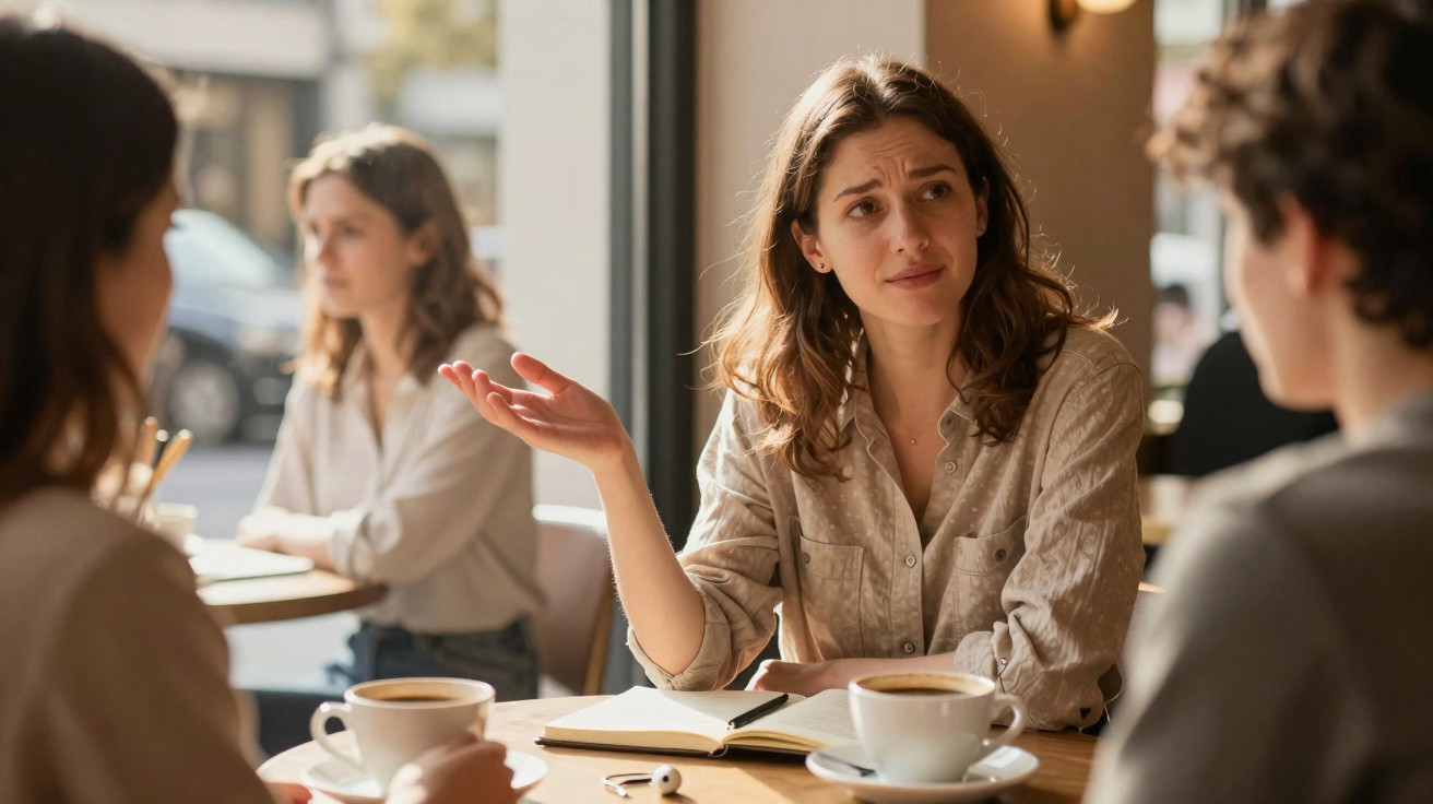 Mulher a conversar com expressão séria, sentada numa mesa de café com duas pessoas e duas chávenas de café.