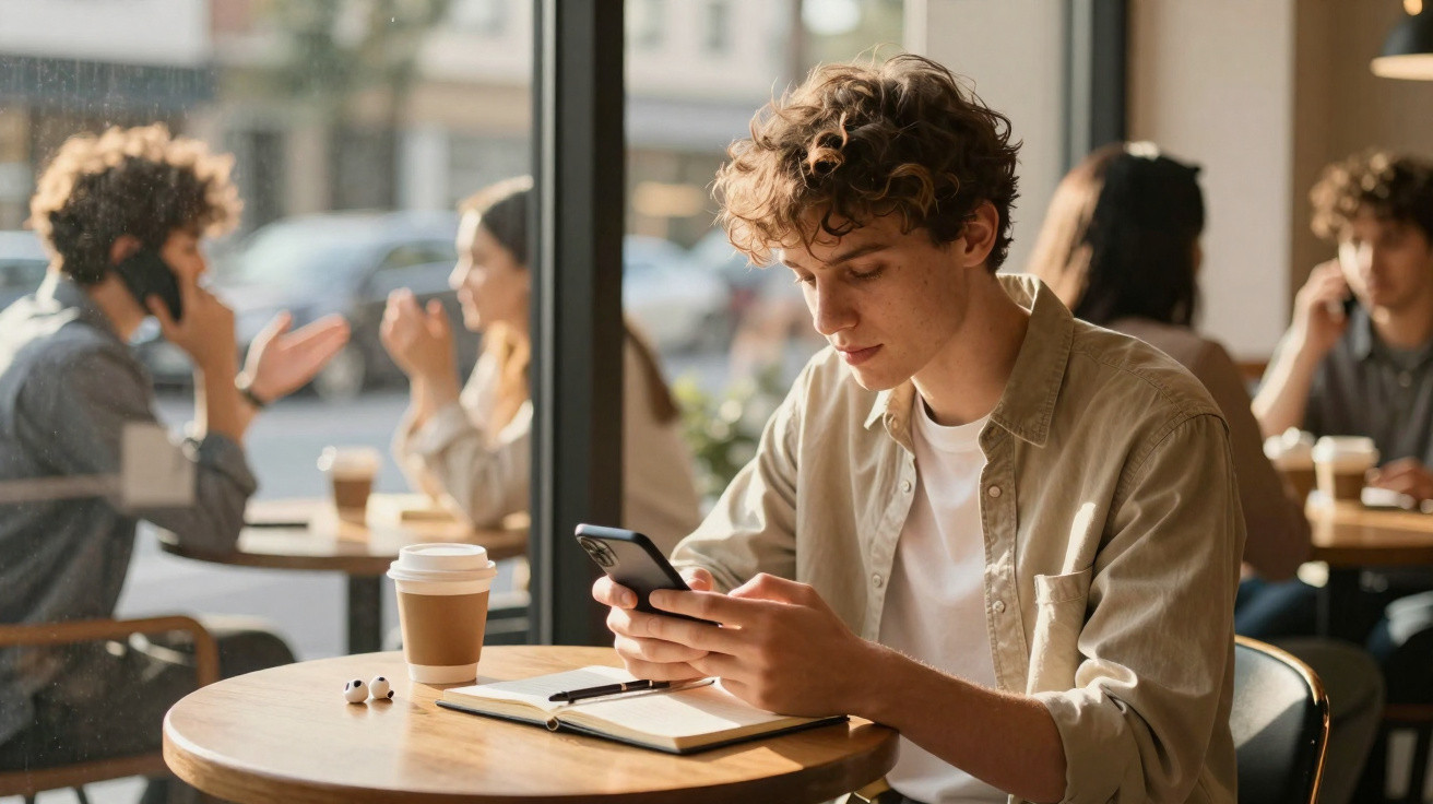 Homem jovem sentado numa mesa de café, usando telemóvel com caderno e copo de café à sua frente.