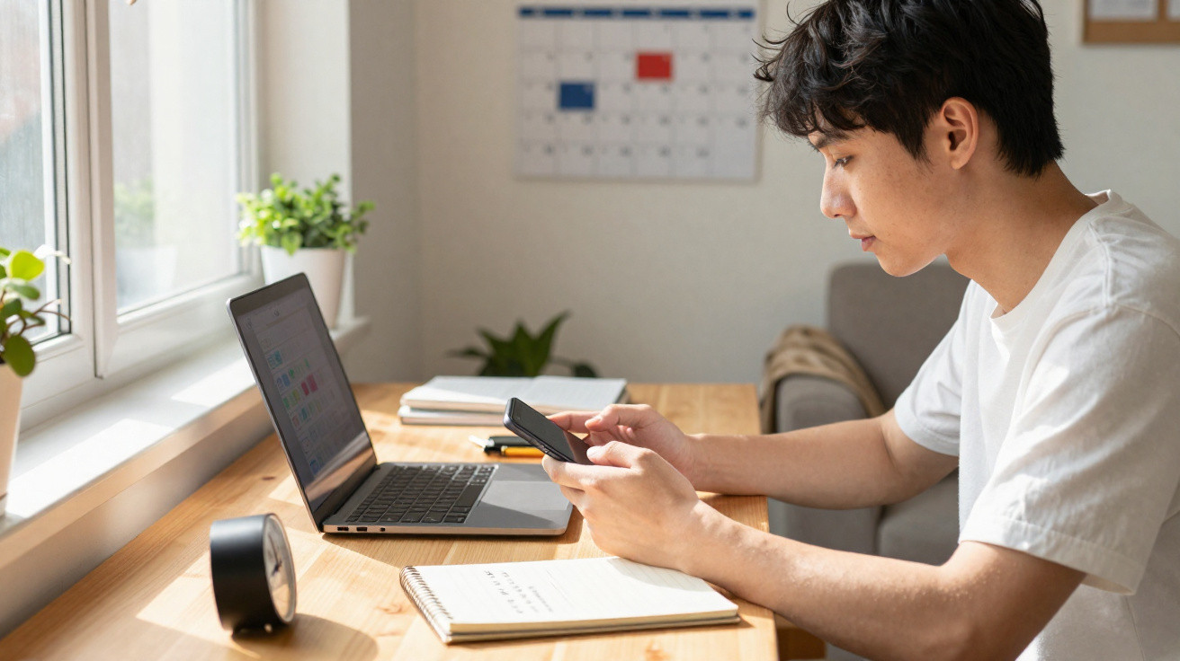 Jovem sentado numa mesa com portátil, a olhar para o telemóvel, com caderno e calendário à vista.